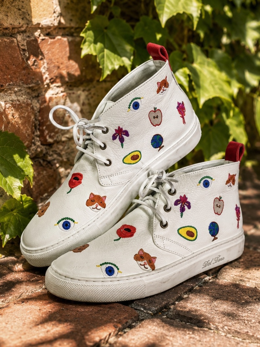 DEL TORO Italian White Leather Embroidered Chukka High Top Sneakers, 9